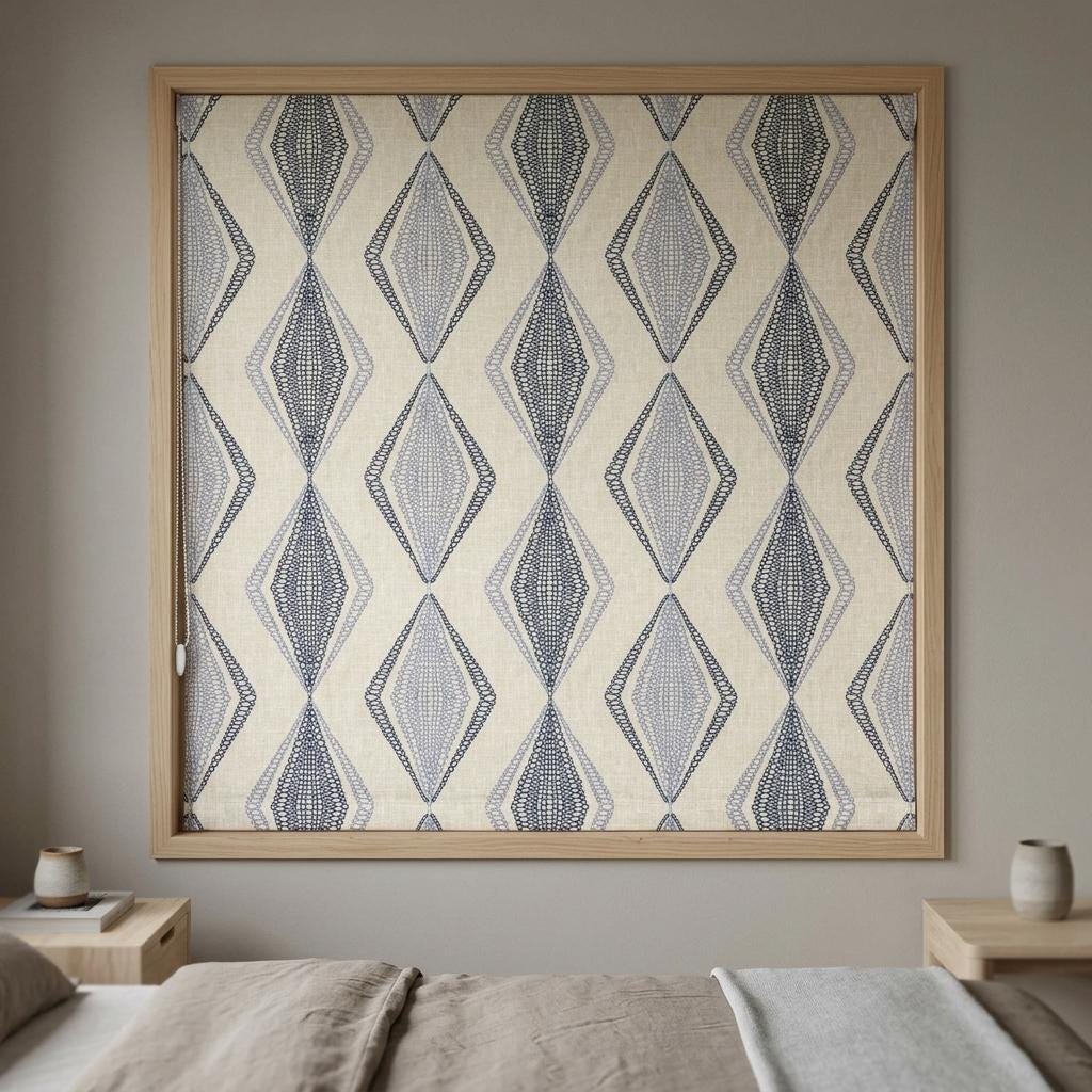Ivory Linen Roman Shade, Navy Blue Embroidered Diamond Blind, Custom Corded Window Shade, Blackout or Cotton Lined — image 1