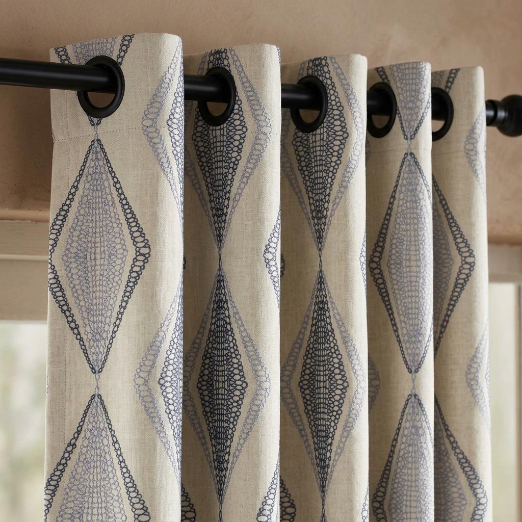 Ivory Linen Embroidered Curtains, Navy Blue Diamond Ogee Drapes, Custom Blackout or Cotton Lined Panels — image 3