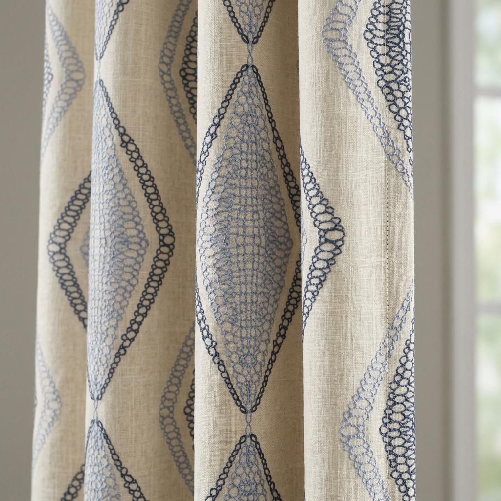 Ivory Linen Embroidered Curtains, Navy Blue Diamond Ogee Drapes, Custom Blackout or Cotton Lined Panels — image 8