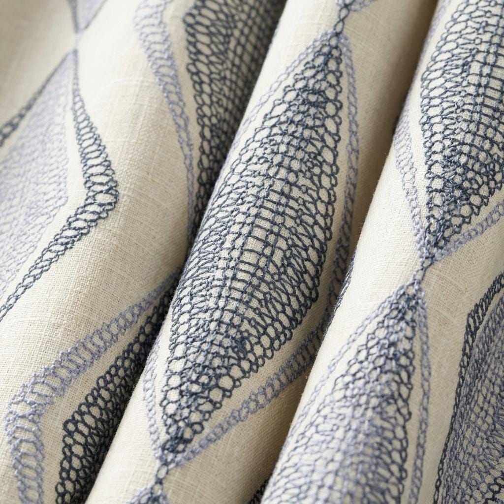 Ivory Linen Embroidered Curtains, Navy Blue Diamond Ogee Drapes, Custom Blackout or Cotton Lined Panels — image 9