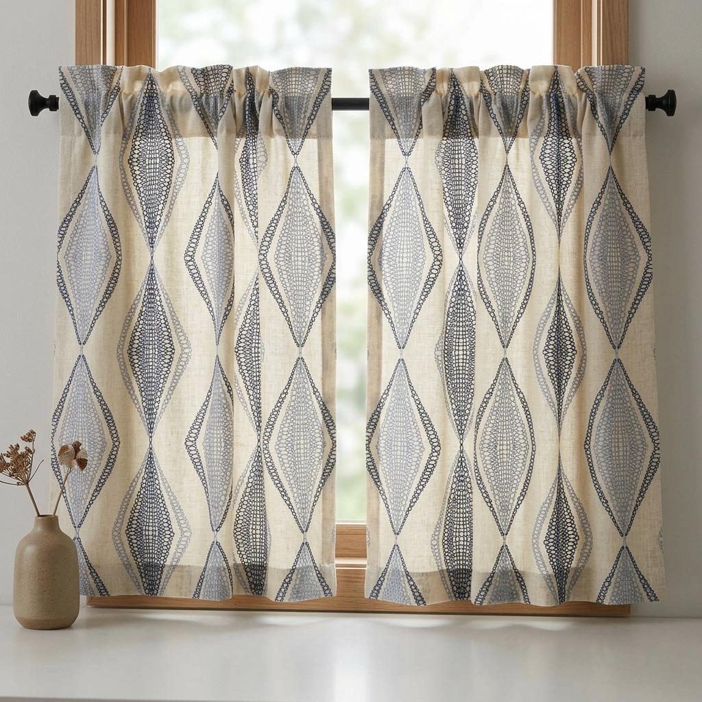 Ivory Linen Embroidered Curtains, Navy Blue Diamond Ogee Drapes, Custom Blackout or Cotton Lined Panels — image 7