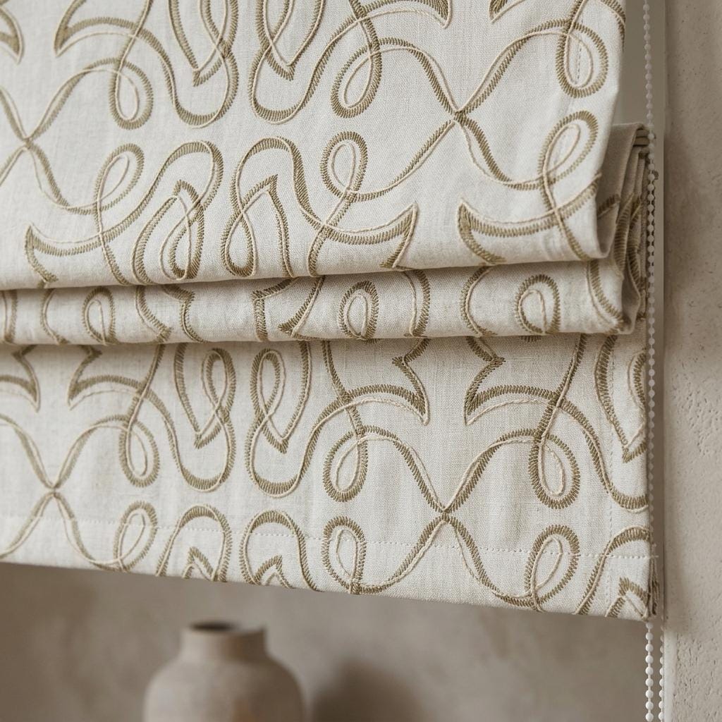Ivory Embroidered Linen Roman Shade, Sage Olive Botanical Scroll Roman Blind, Custom Corded Window Shade, Blackout or Filter — image 1