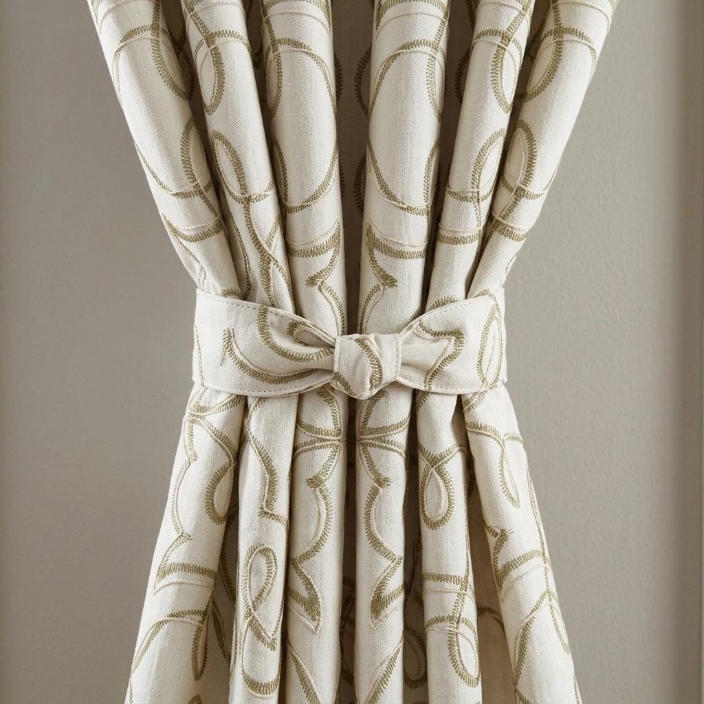 Olive Green Embroidered Linen Curtains, Off White Heavy Drapes, Floral Vine Custom Blackout Cafe Curtains — image 3