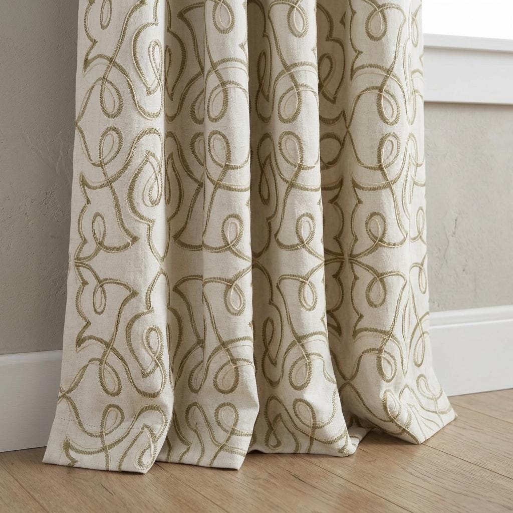 Olive Green Embroidered Linen Curtains, Off White Heavy Drapes, Floral Vine Custom Blackout Cafe Curtains — image 4