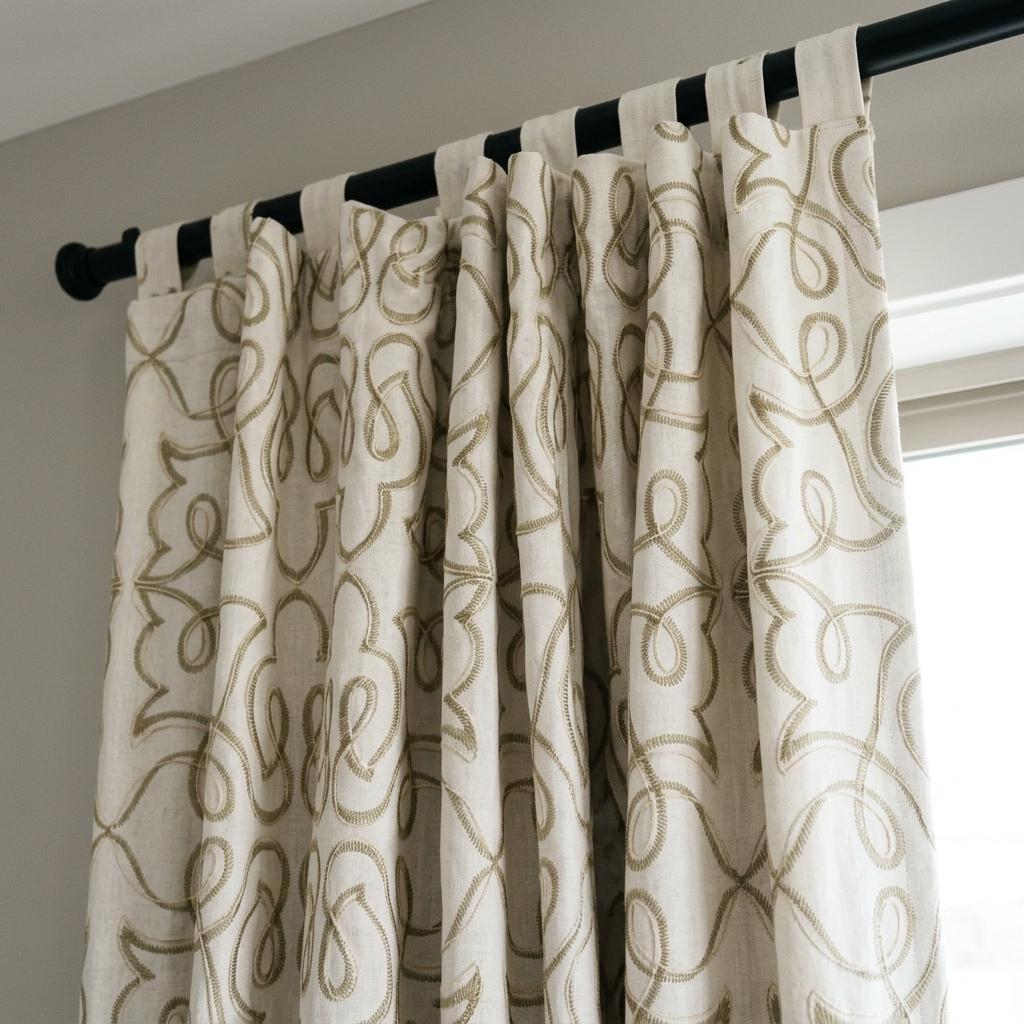 Olive Green Embroidered Linen Curtains, Off White Heavy Drapes, Floral Vine Custom Blackout Cafe Curtains — image 5