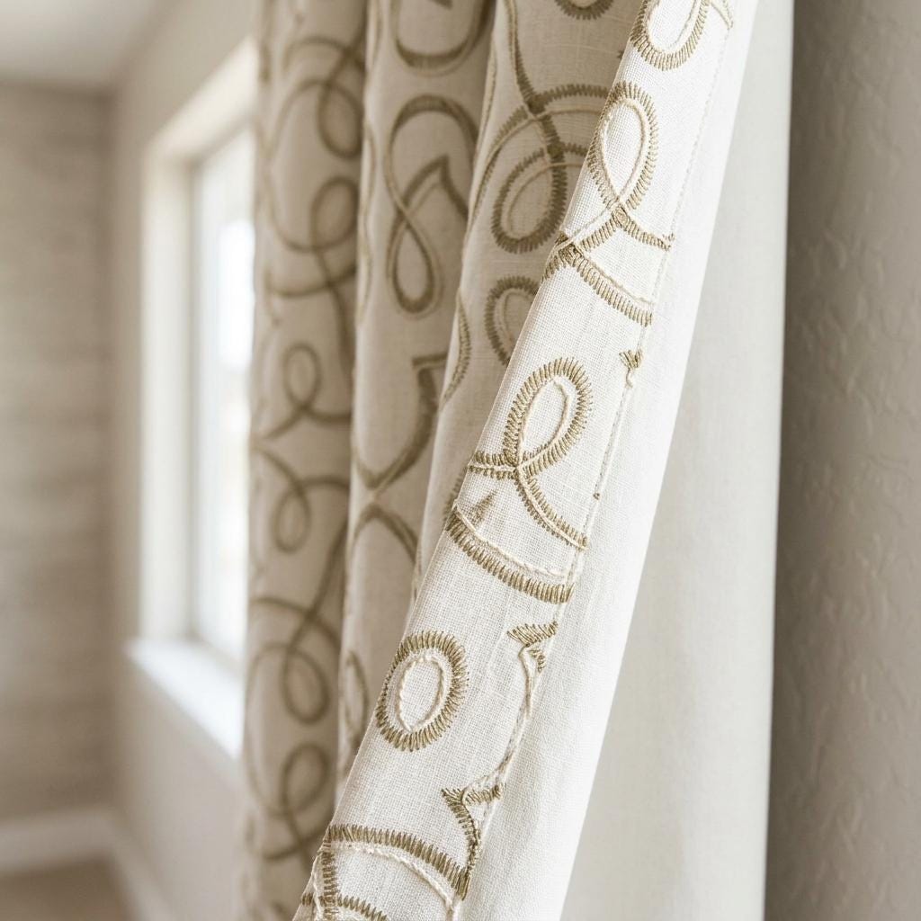 Olive Green Embroidered Linen Curtains, Off White Heavy Drapes, Floral Vine Custom Blackout Cafe Curtains — image 9