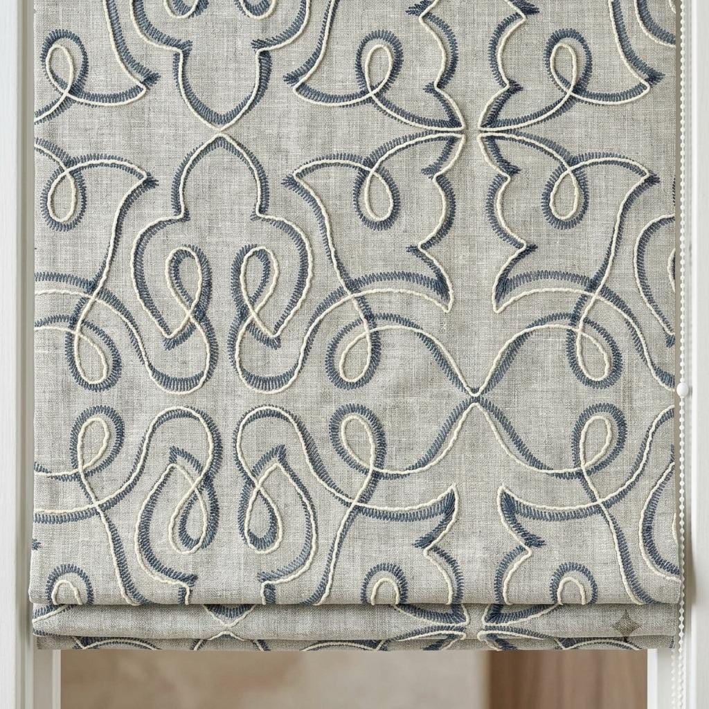 Blue Embroidered Gray Linen Roman Shade, Custom Corded Roman Blind, Grey Botanical Window Shade, Blackout or Light Filter — image 1