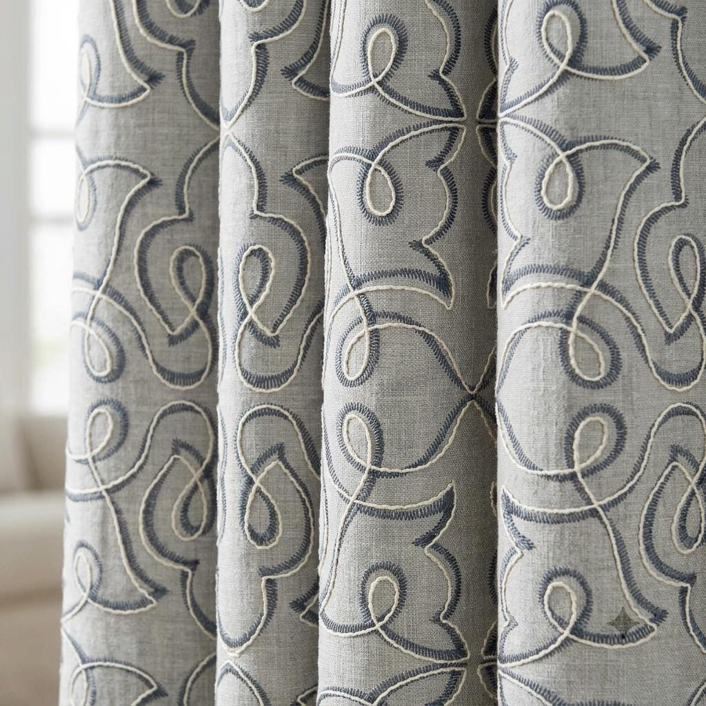 Navy Blue Embroidered Pure Linen Curtains, Grey Heavy Drapes, Floral Vine Custom Blackout Cafe Curtains — image 8