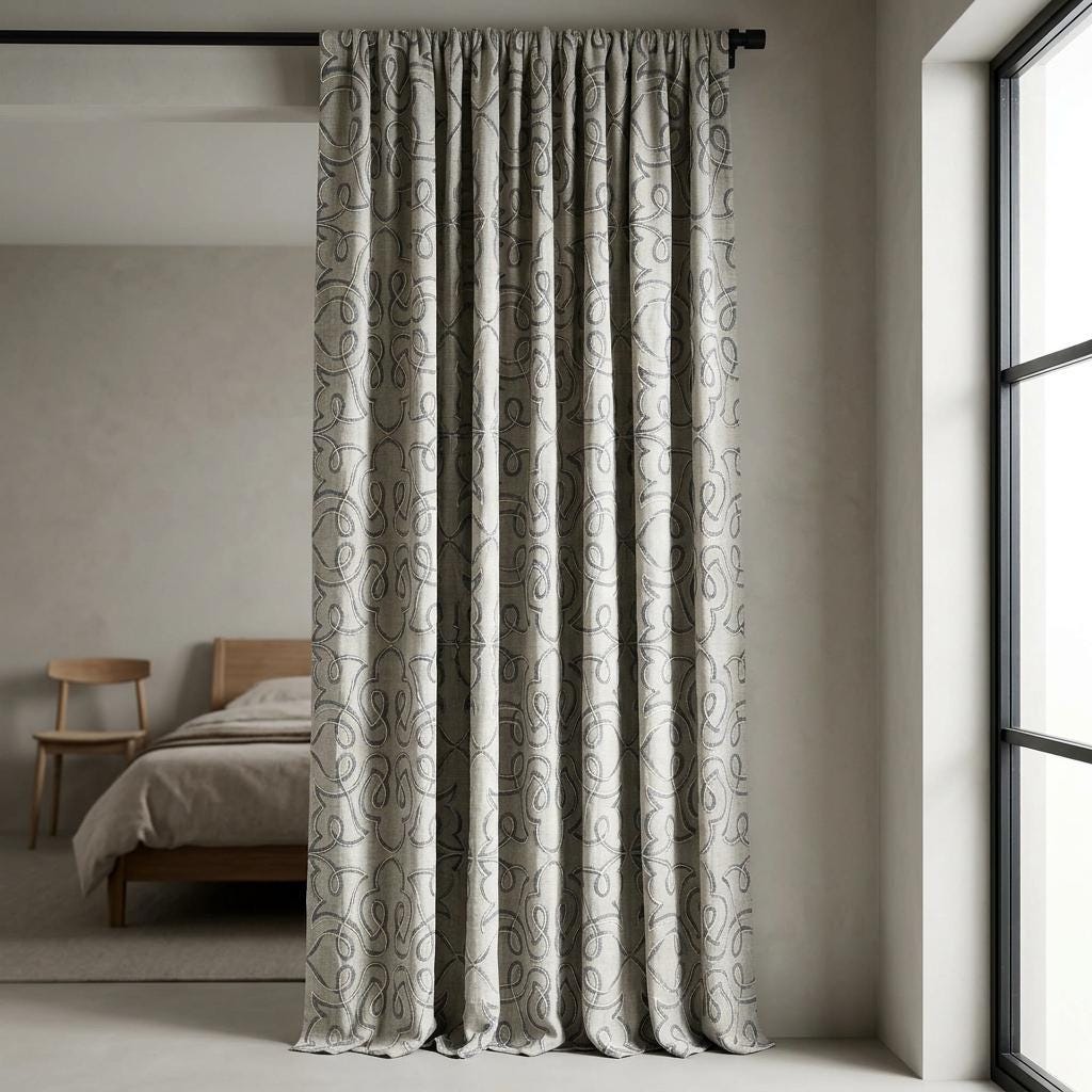 Navy Blue Embroidered Pure Linen Curtains, Grey Heavy Drapes, Floral Vine Custom Blackout Cafe Curtains — image 4