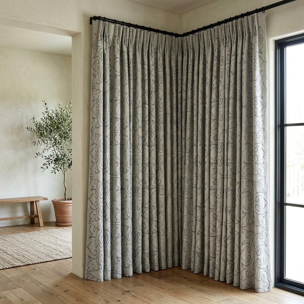Navy Blue Embroidered Pure Linen Curtains, Grey Heavy Drapes, Floral Vine Custom Blackout Cafe Curtains — image 6