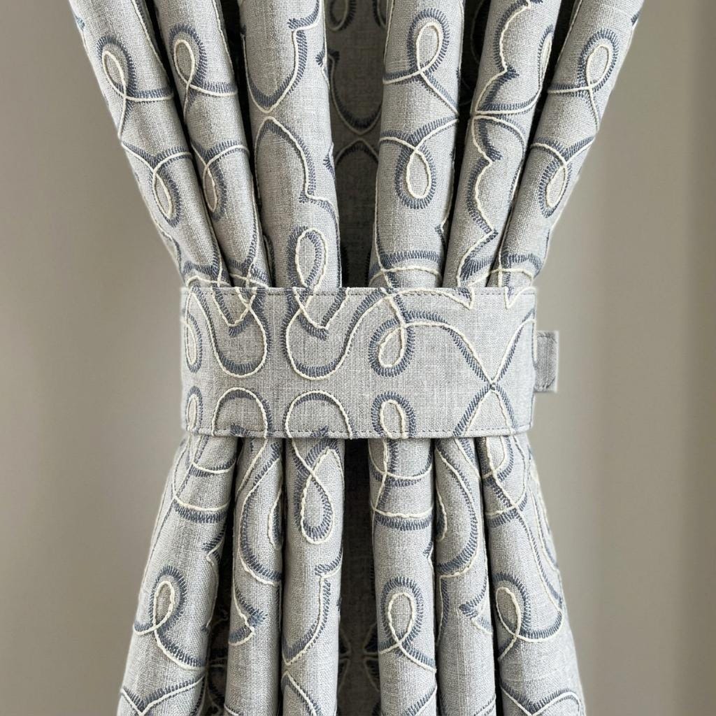 Navy Blue Embroidered Pure Linen Curtains, Grey Heavy Drapes, Floral Vine Custom Blackout Cafe Curtains — image 3