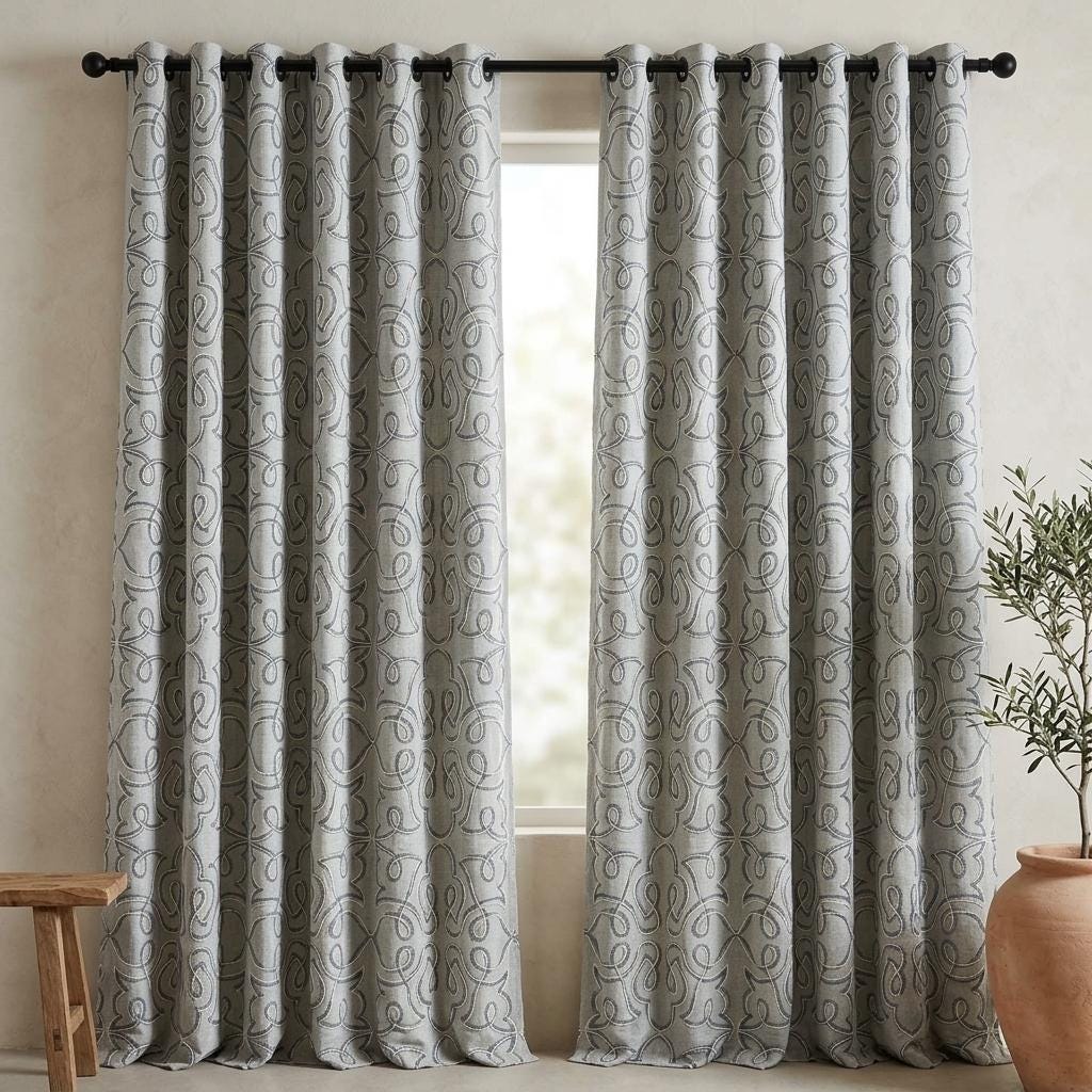 Navy Blue Embroidered Pure Linen Curtains, Grey Heavy Drapes, Floral Vine Custom Blackout Cafe Curtains — image 7