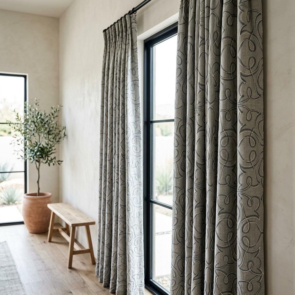 Navy Blue Embroidered Pure Linen Curtains, Grey Heavy Drapes, Floral Vine Custom Blackout Cafe Curtains — image 9