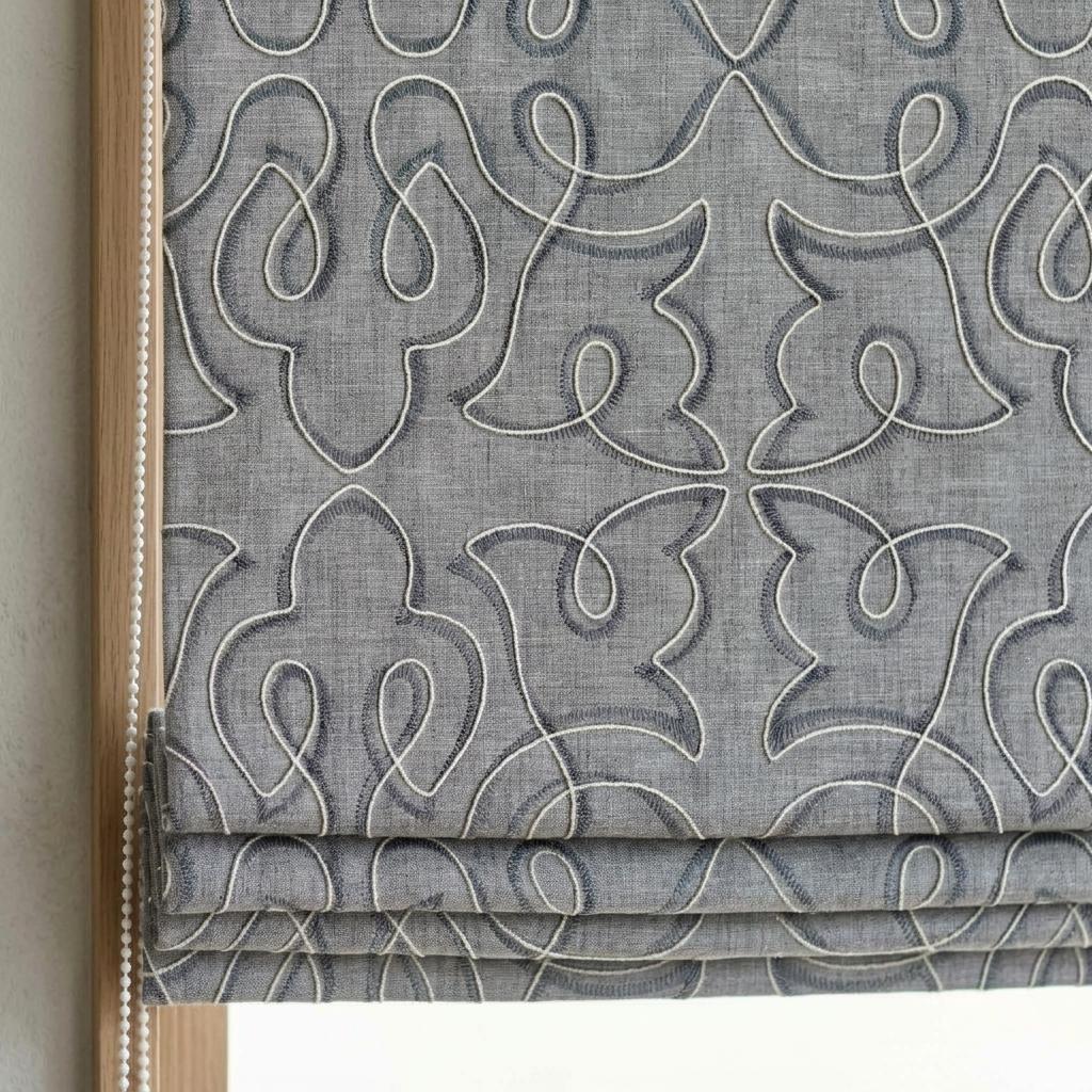 Gray Embroidered Linen Roman Shade, Blue Gray Botanical Ogee Roman Blind, Custom Corded Window Shade, Blackout or Filter — image 1