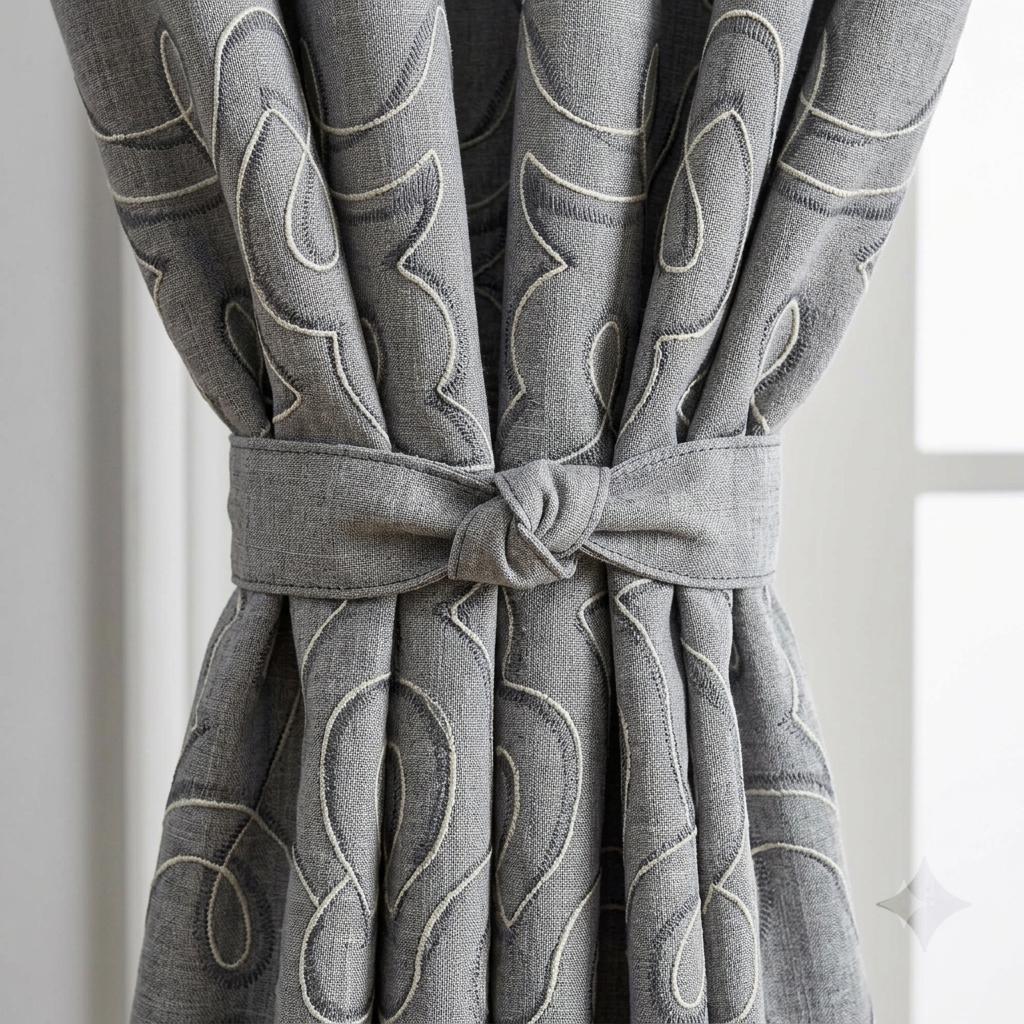 Grey Pure Linen Curtains, Blue Embroidered Heavy Drapes, Floral Vine Custom Blackout Cafe Curtains — image 1