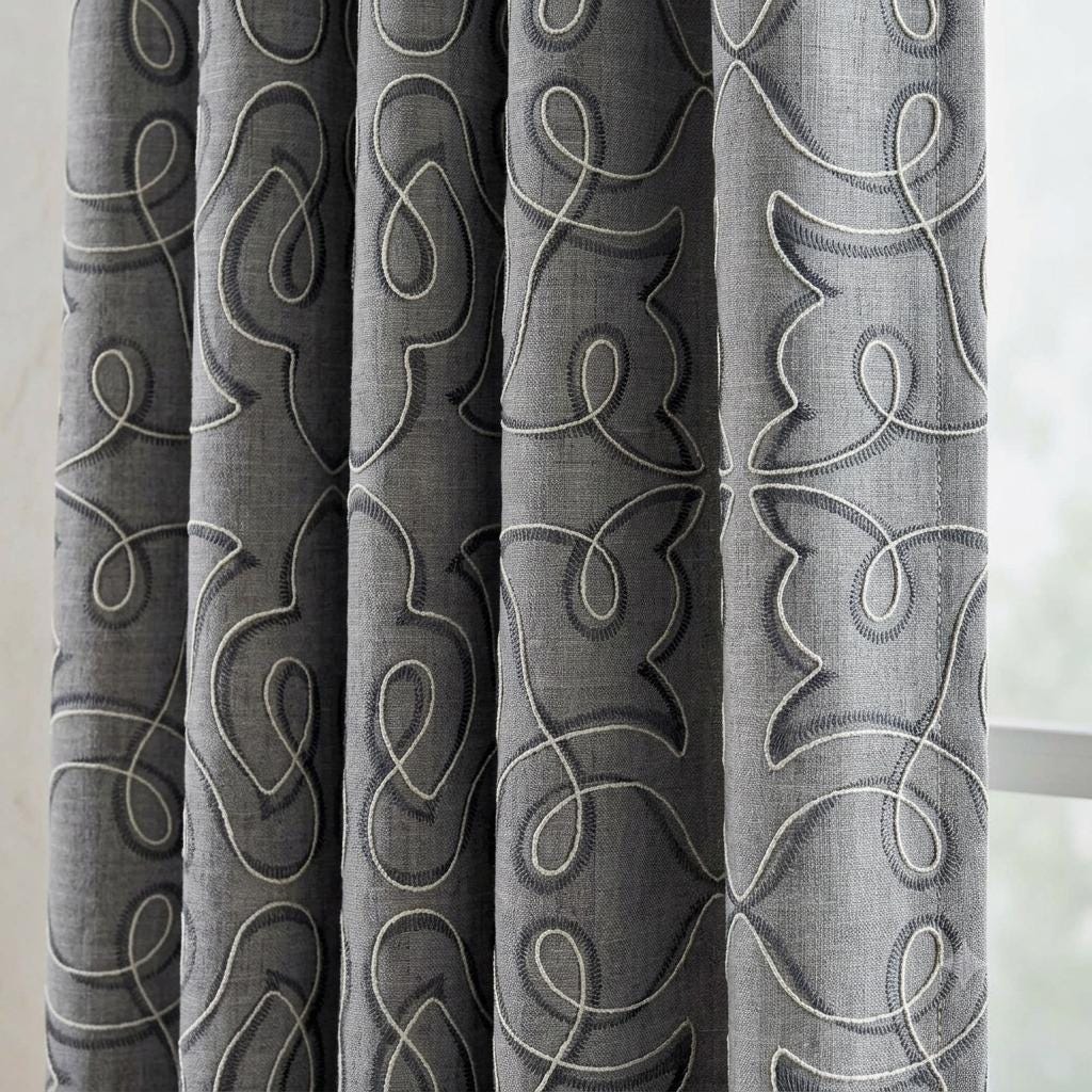 Grey Pure Linen Curtains, Blue Embroidered Heavy Drapes, Floral Vine Custom Blackout Cafe Curtains — image 1