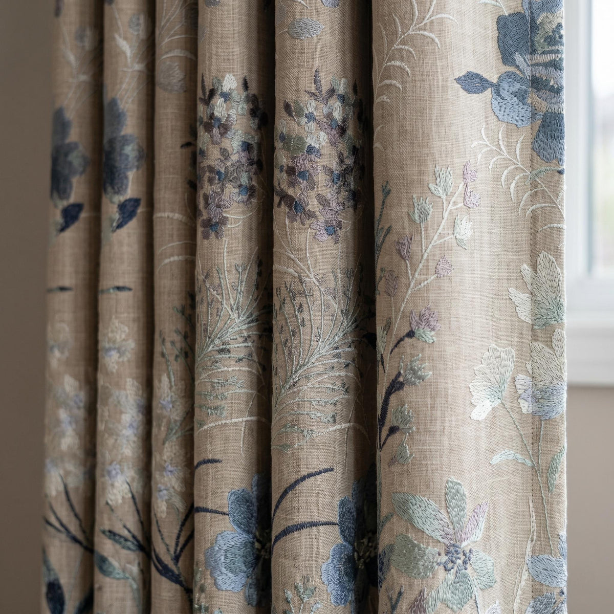 Natural Beige Linen Embroidered Curtains, Blue Wildflower Botanical Drapes, Custom Blackout or Cotton Lined Panels — image 2