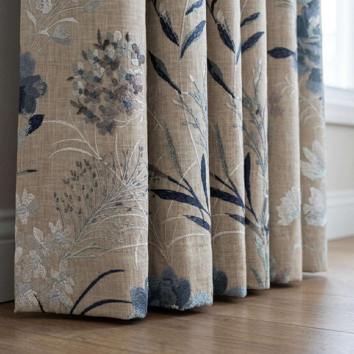 Natural Beige Linen Embroidered Curtains, Blue Wildflower Botanical Drapes, Custom Blackout or Cotton Lined Panels — image 3