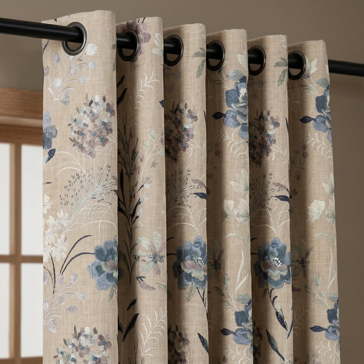 Natural Beige Linen Embroidered Curtains, Blue Wildflower Botanical Drapes, Custom Blackout or Cotton Lined Panels — image 4