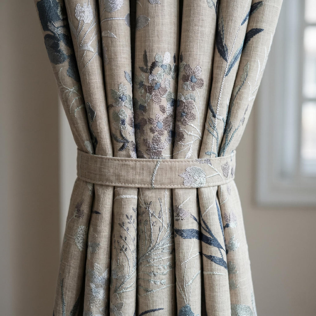 Natural Beige Linen Embroidered Curtains, Blue Wildflower Botanical Drapes, Custom Blackout or Cotton Lined Panels — image 1