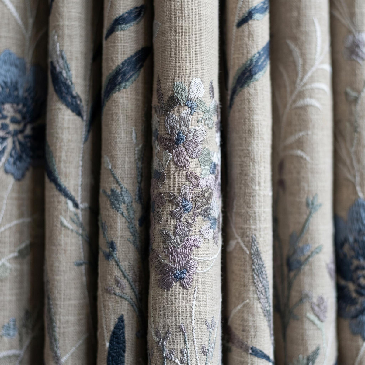 Natural Beige Linen Embroidered Curtains, Blue Wildflower Botanical Drapes, Custom Blackout or Cotton Lined Panels — image 9