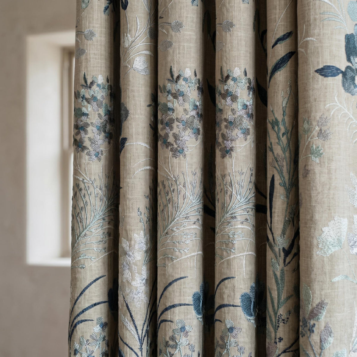 Natural Beige Linen Embroidered Curtains, Blue Wildflower Botanical Drapes, Custom Blackout or Cotton Lined Panels — image 7
