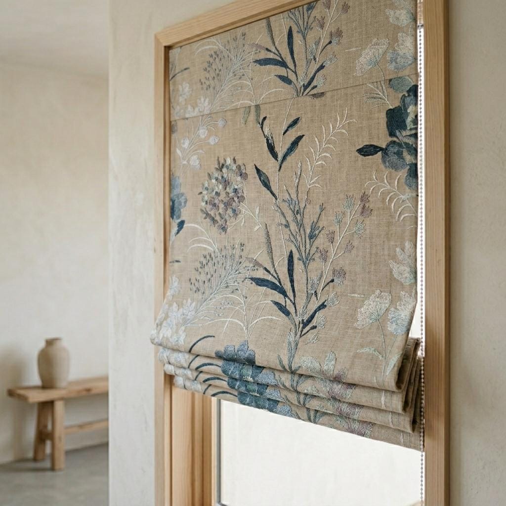 Natural Linen Roman Shade, Blue Ivory Embroidered Wildflower Blind, Custom Corded Window Shade, Blackout or Cotton Lined — image 5