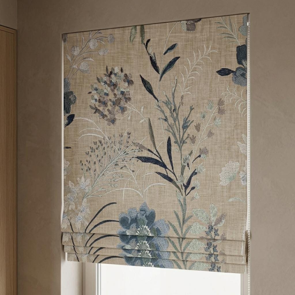 Natural Linen Roman Shade, Blue Ivory Embroidered Wildflower Blind, Custom Corded Window Shade, Blackout or Cotton Lined — image 7