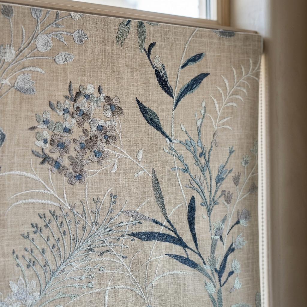 Natural Linen Roman Shade, Blue Ivory Embroidered Wildflower Blind, Custom Corded Window Shade, Blackout or Cotton Lined — image 9
