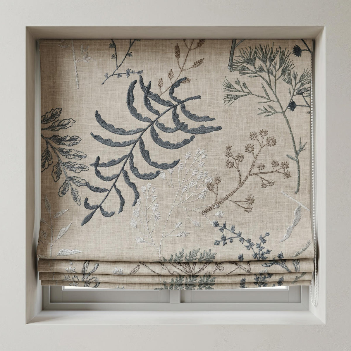 Natural Linen Roman Shade, Navy Blue Botanical Embroidered Blind, Custom Corded Window Shade, Blackout or Cotton Lined — image 9