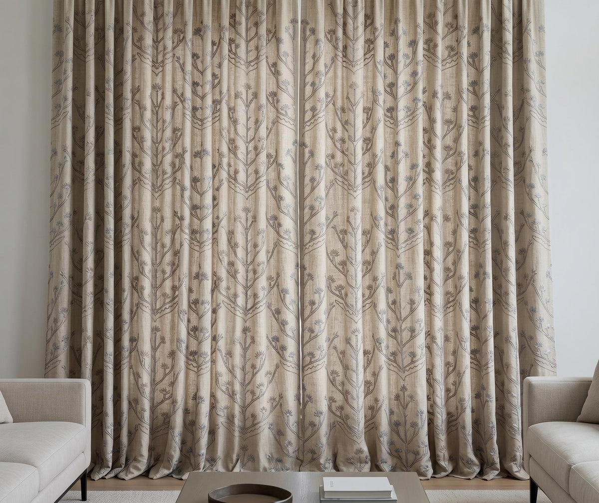Natural Linen Embroidered Curtains, Blue Taupe Botanical Tree Drapes, Custom Blackout or Cotton Lined Panels — image 3