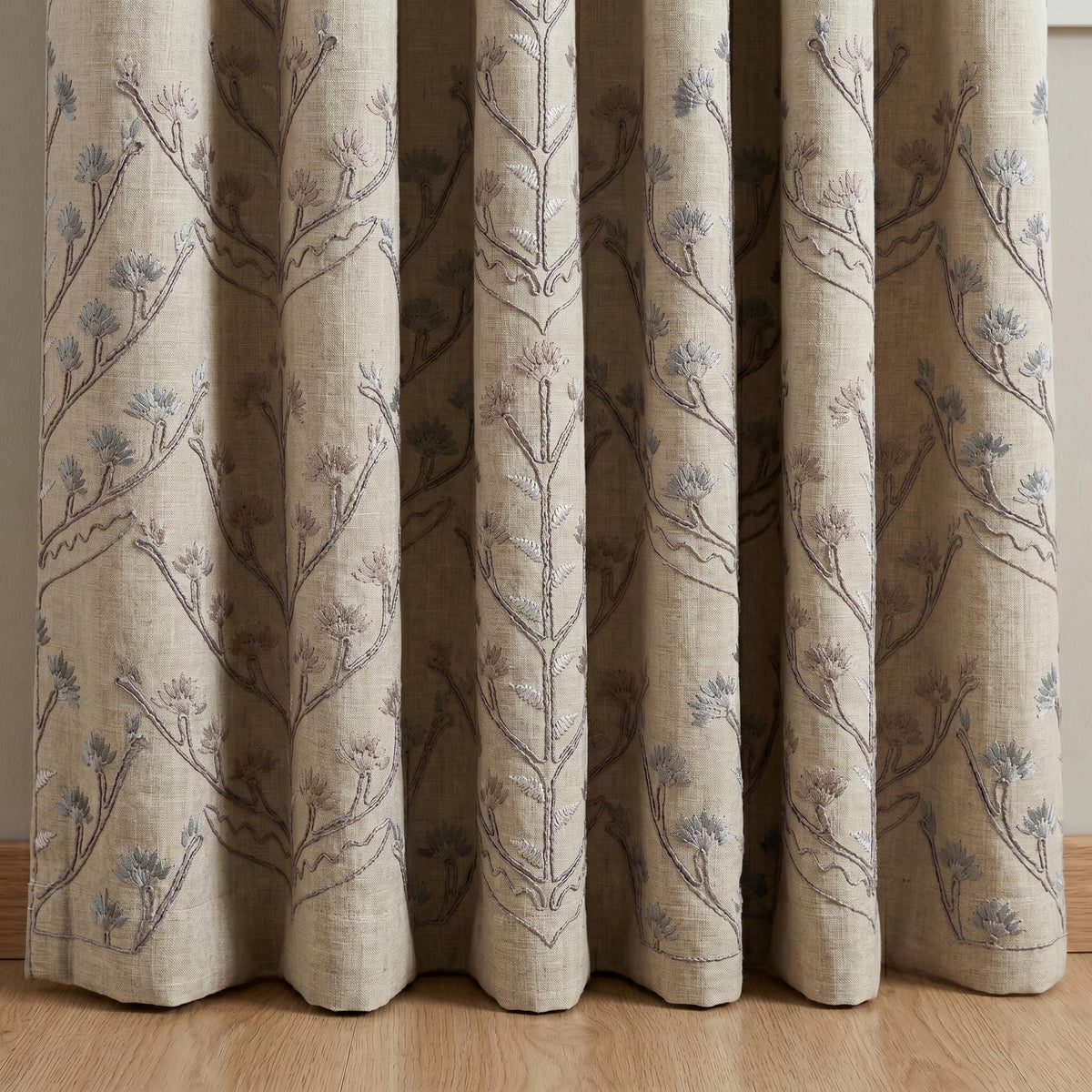 Natural Linen Embroidered Curtains, Blue Taupe Botanical Tree Drapes, Custom Blackout or Cotton Lined Panels — image 5