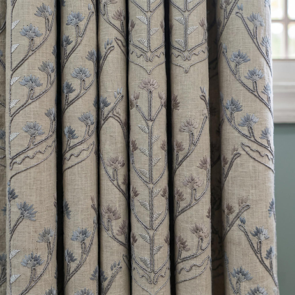 Natural Linen Embroidered Curtains, Blue Taupe Botanical Tree Drapes, Custom Blackout or Cotton Lined Panels — image 6