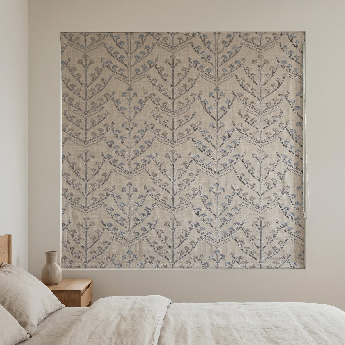 Natural Linen Roman Shade, Dusty Blue Taupe Embroidered Tree Blind, Custom Corded Window Shade, Blackout or Cotton Lined — image 2