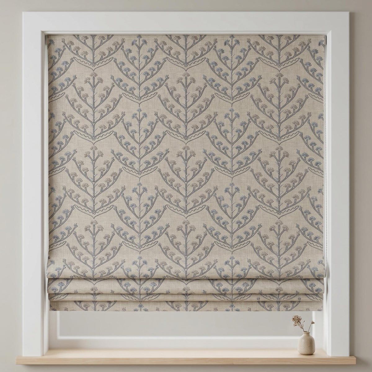 Natural Linen Roman Shade, Dusty Blue Taupe Embroidered Tree Blind, Custom Corded Window Shade, Blackout or Cotton Lined — image 5