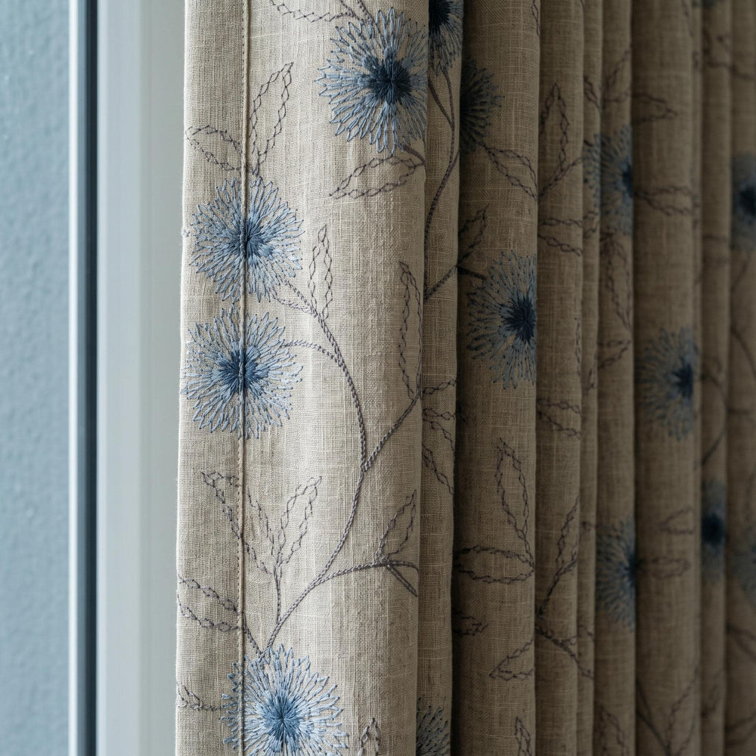 Natural Beige Linen Embroidered Curtains, Blue Dandelion Floral Drapes, Custom Blackout or Cotton Lined Panels — image 1