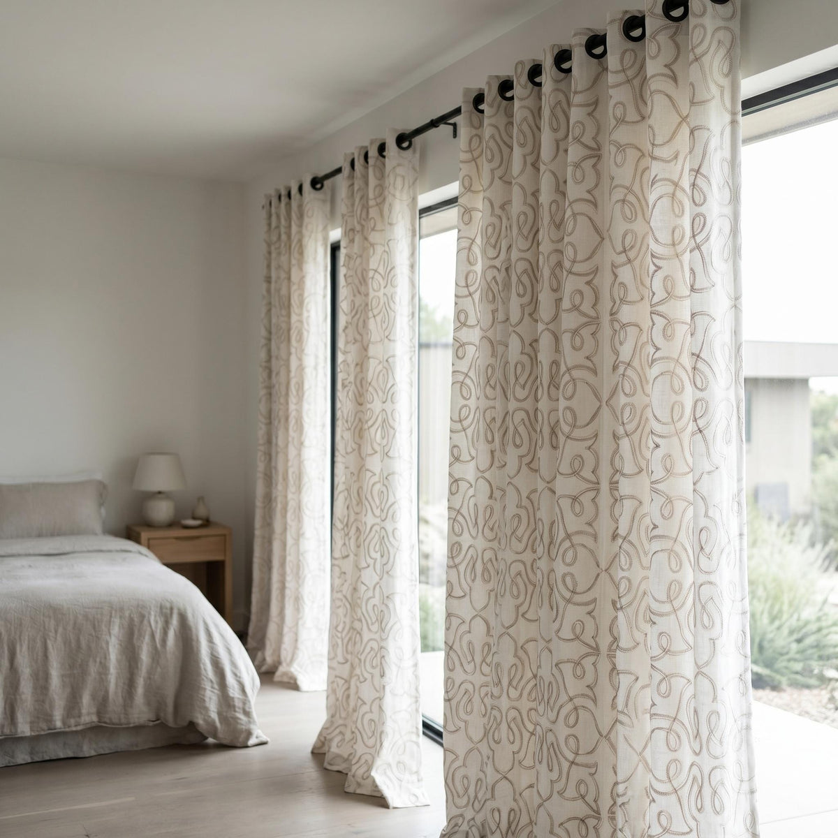 Ivory Pure Linen Curtains, Taupe Embroidered Heavy Drapes, Floral Vine Custom Blackout Cafe Curtains — image 4