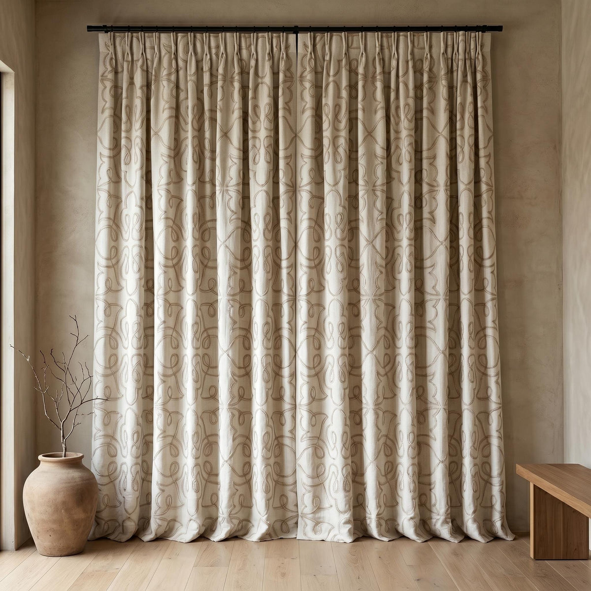 Ivory Pure Linen Curtains, Taupe Embroidered Heavy Drapes, Floral Vine Custom Blackout Cafe Curtains — image 8