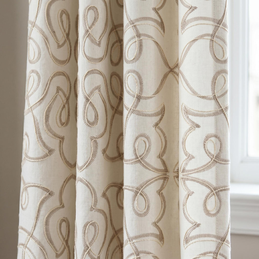 Ivory Pure Linen Curtains, Taupe Embroidered Heavy Drapes, Floral Vine Custom Blackout Cafe Curtains — image 1
