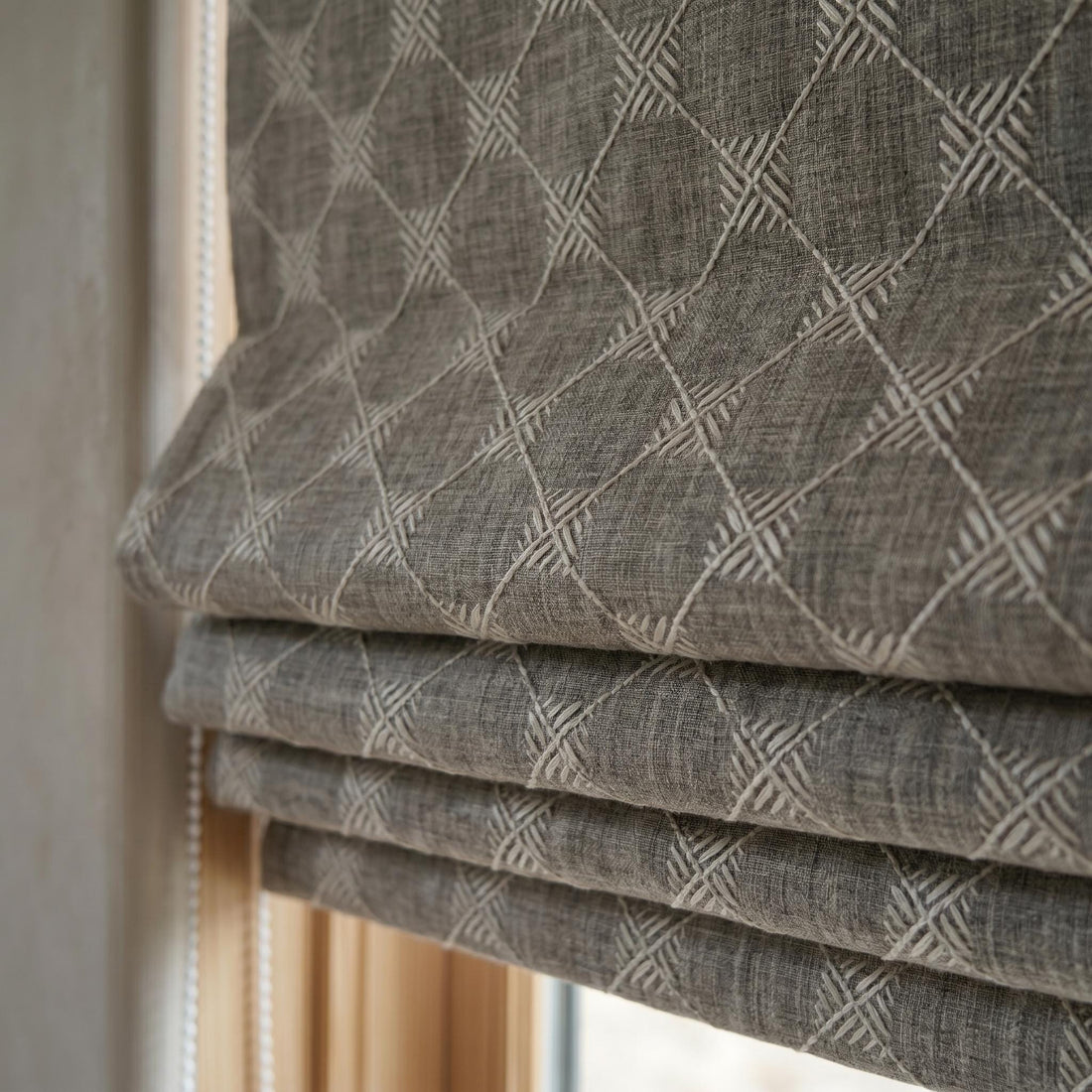 Gray Lattice Embroidered Linen Roman Shade, Custom Corded Roman Blind, Grey Window Shade, Blackout or Light Filter — image 1