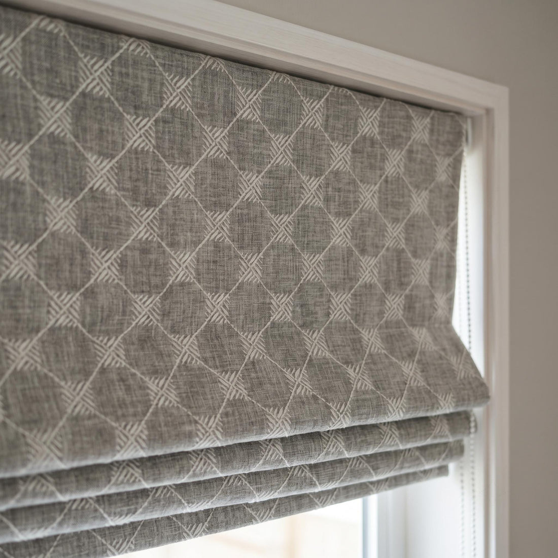 Gray Lattice Embroidered Linen Roman Shade, Custom Corded Roman Blind, Grey Window Shade, Blackout or Light Filter — image 1