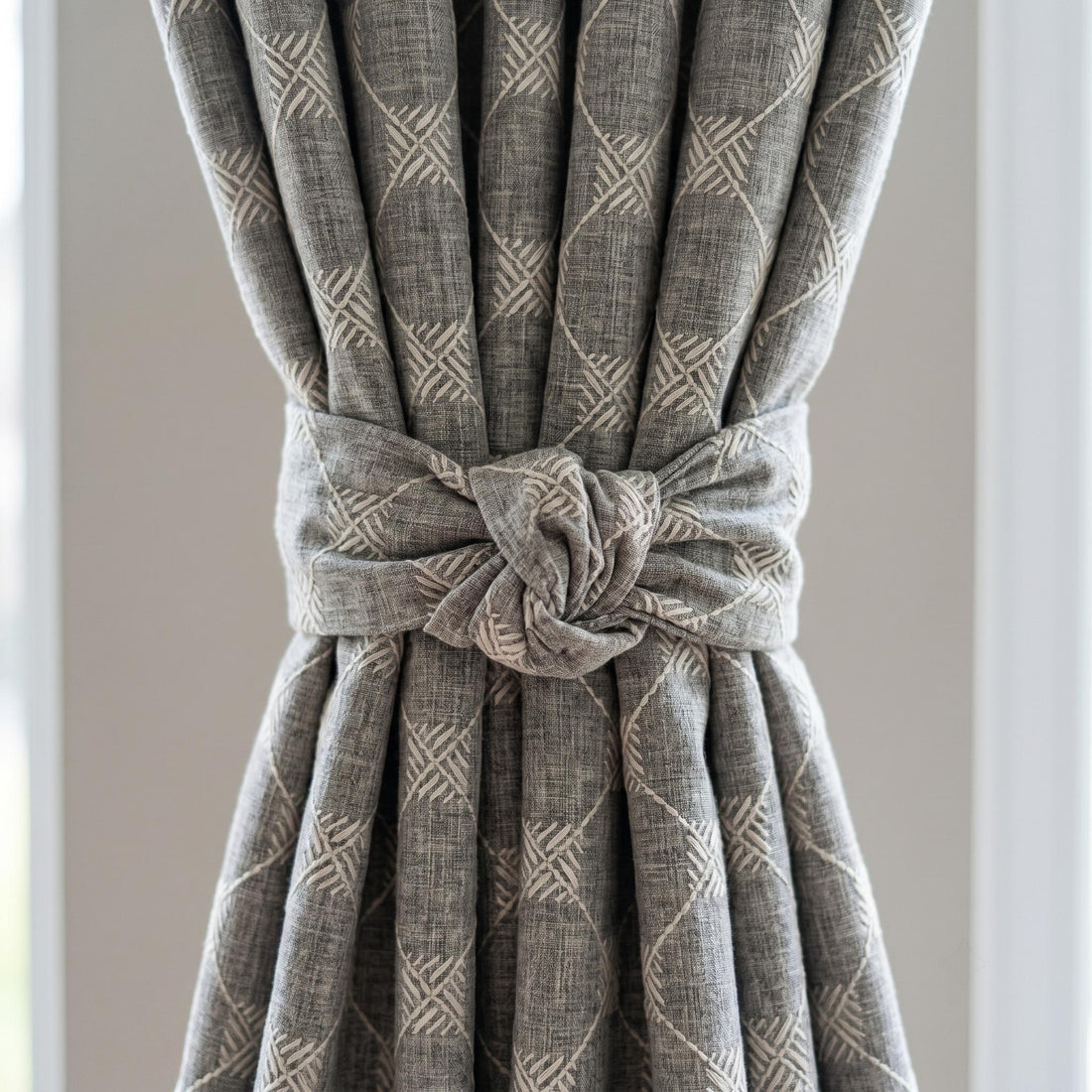 Grey Pure Linen Curtains, Ivory Embroidered Diamond Trellis Drapes, Custom Blackout Cafe Curtains — image 1