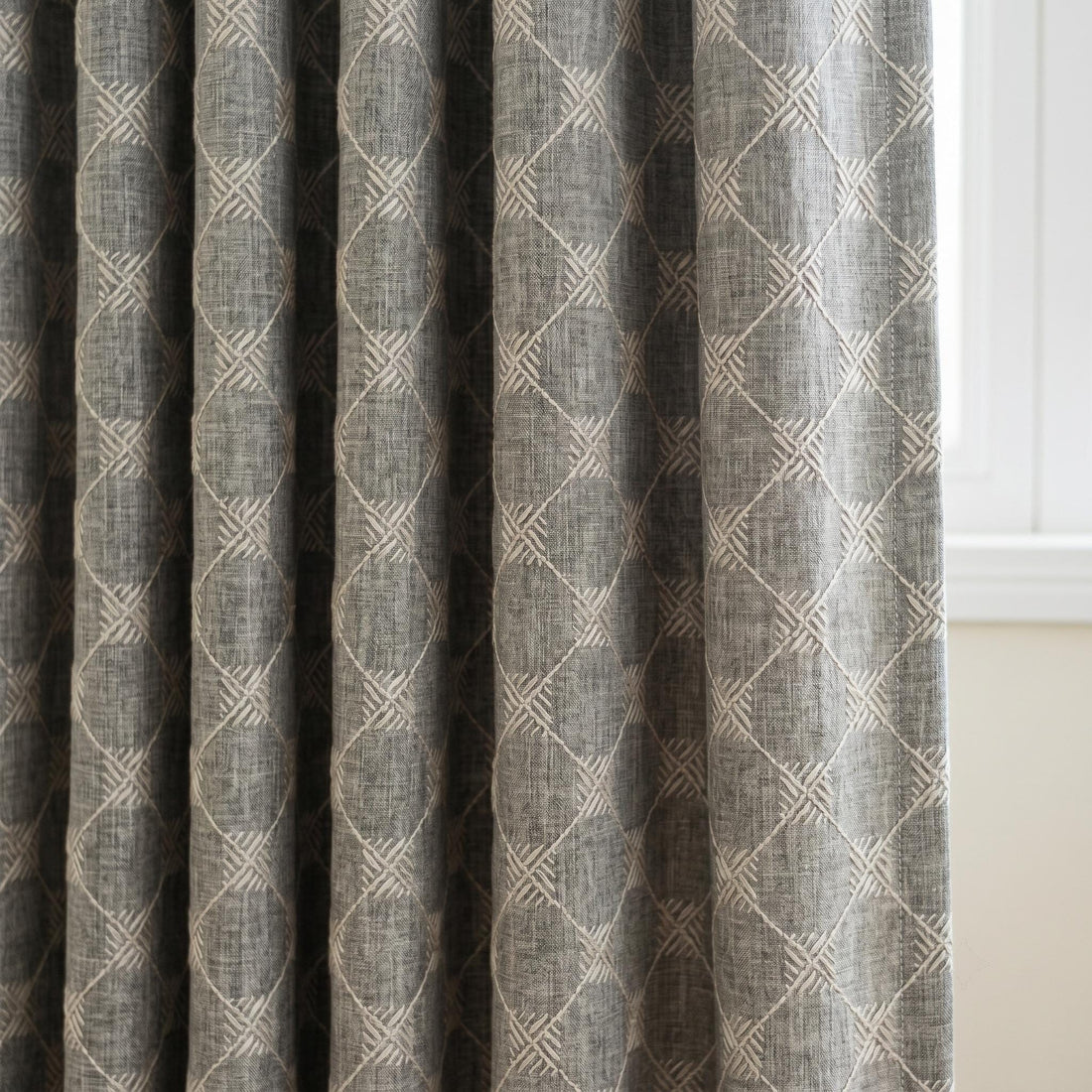Grey Pure Linen Curtains, Ivory Embroidered Diamond Trellis Drapes, Custom Blackout Cafe Curtains — image 1