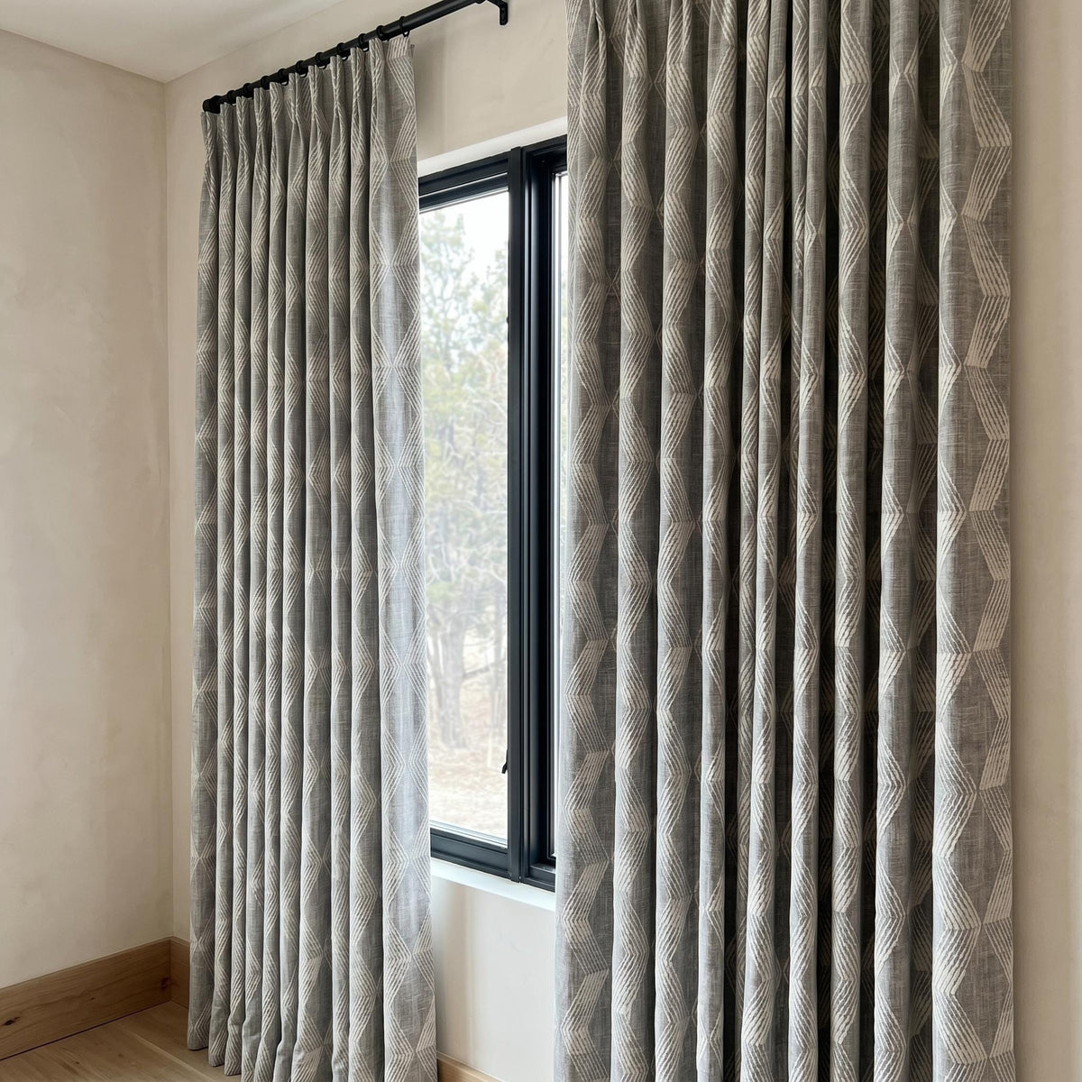 Grey Pure Linen Curtains, Taupe Embroidered Chevron Heavy Drapes, Custom Blackout Cafe Curtains — image 5
