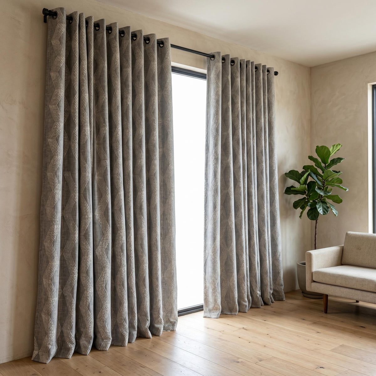 Grey Pure Linen Curtains, Taupe Embroidered Chevron Heavy Drapes, Custom Blackout Cafe Curtains — image 6