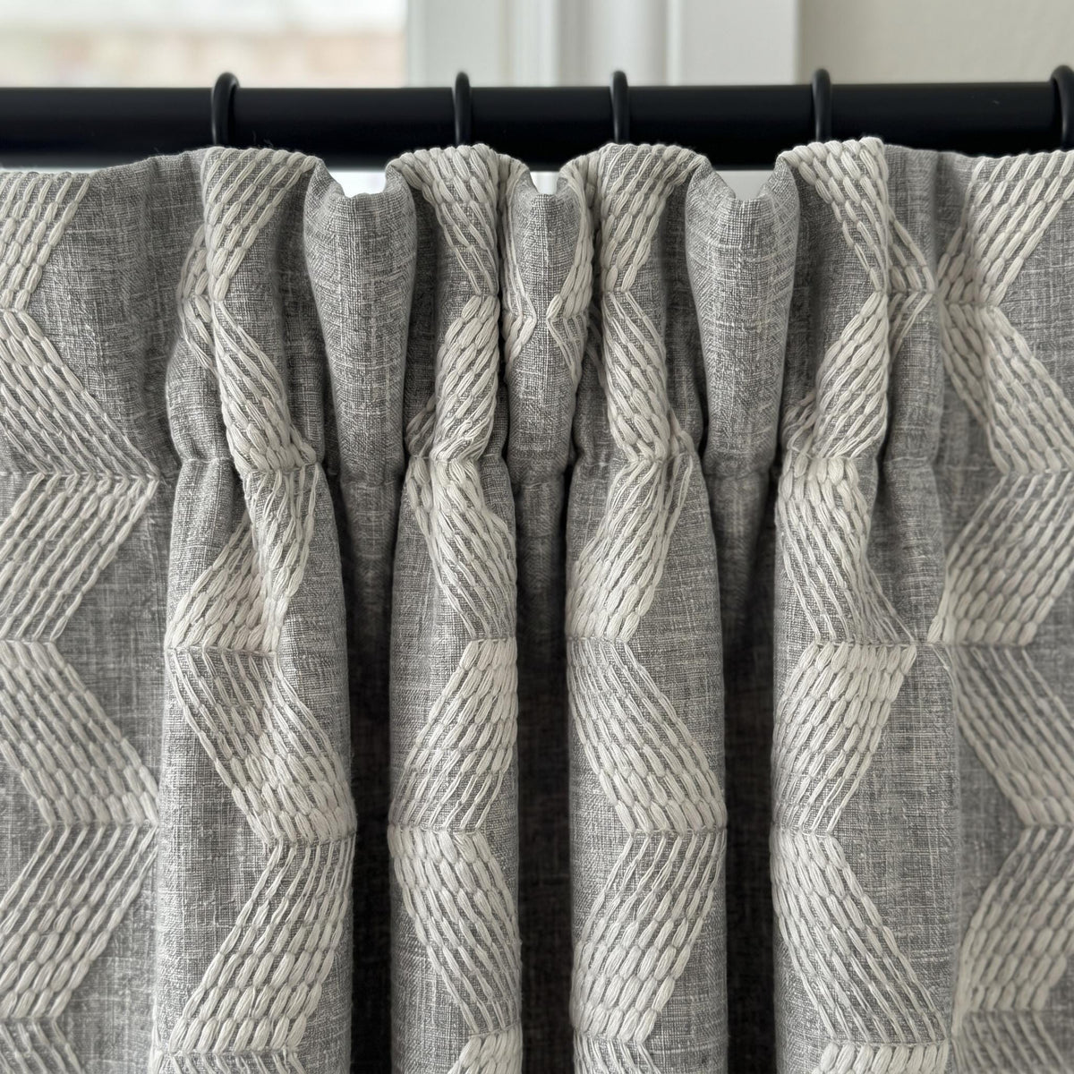 Grey Pure Linen Curtains, Taupe Embroidered Chevron Heavy Drapes, Custom Blackout Cafe Curtains — image 7