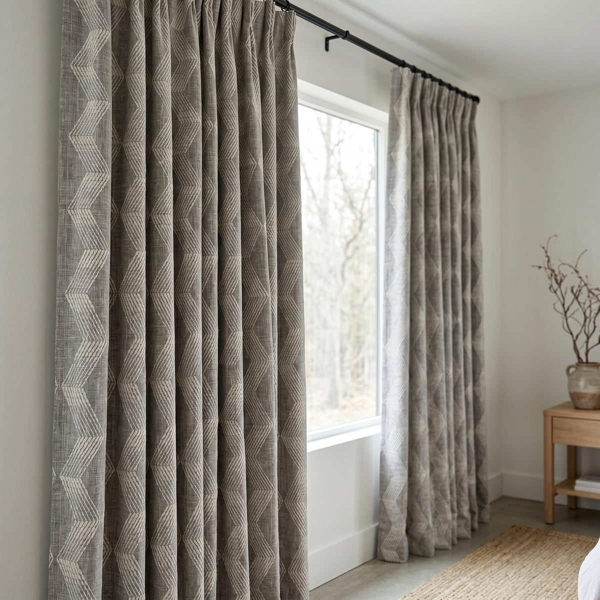Grey Pure Linen Curtains, Taupe Embroidered Chevron Heavy Drapes, Custom Blackout Cafe Curtains — image 3
