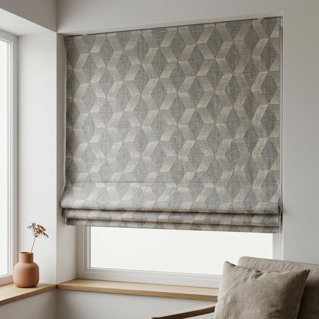 Gray Taupe Embroidered Linen Roman Shade, Custom Corded Roman Blind, Grey Chevron Window Shade, Blackout or Light Filter — image 1