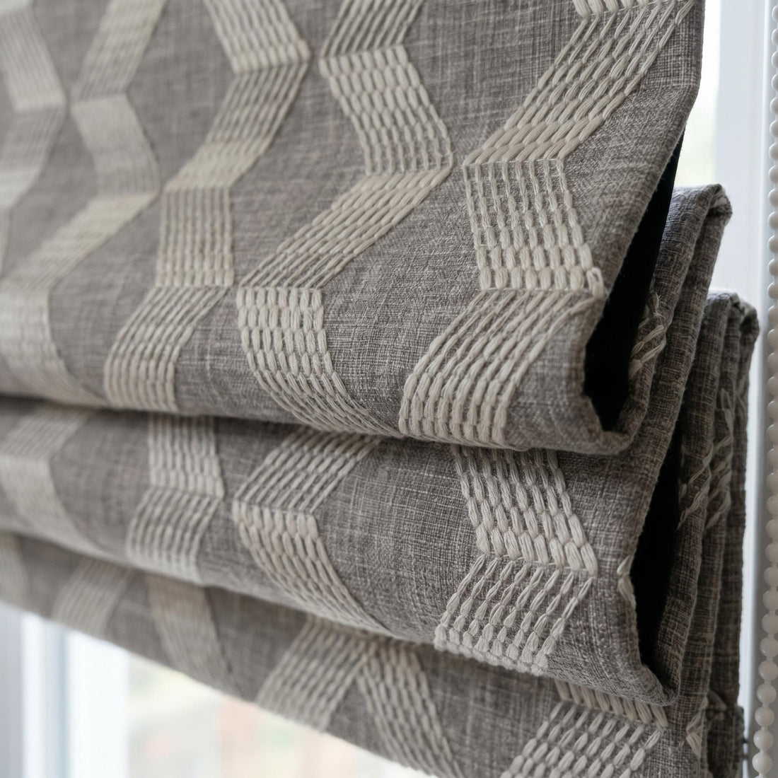 Gray Taupe Embroidered Linen Roman Shade, Custom Corded Roman Blind, Grey Chevron Window Shade, Blackout or Light Filter — image 1