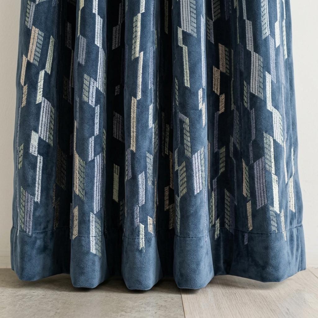 Deep Navy Matte Velvet Embroidered Curtains, Blue Beige Geometric Drapes, Custom Blackout or Cotton Lined Panels — image 3